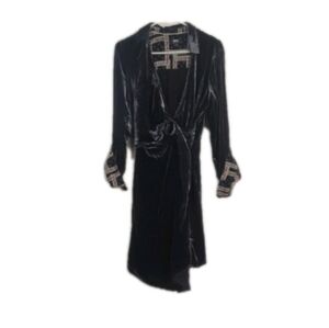 Blue Velvet Wrap Dress with patterned Cuffs